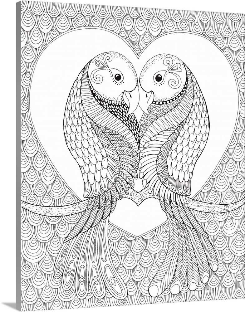 Black and white line art of two love birds sitting on a branch inside a solid white heart with a patterned background.