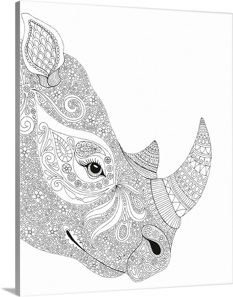 Black and white line art of an intricately deigned rhinoceros face.