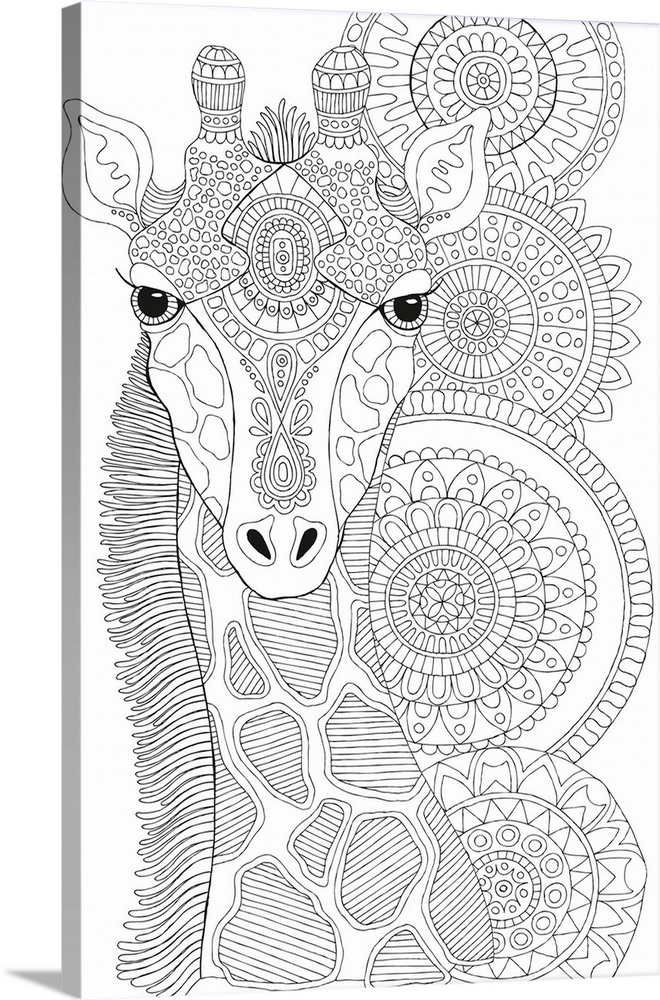 Black and white line art of a giraffe and unique circular designs in the background.