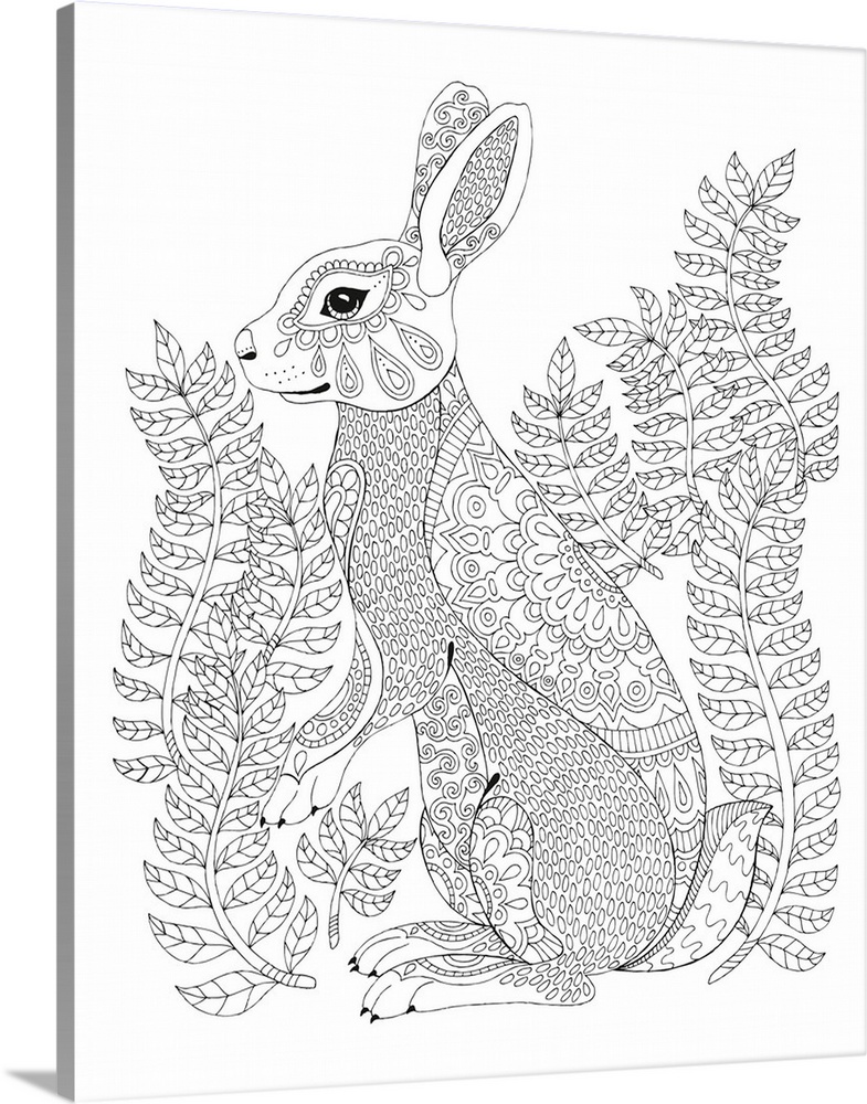 Contemporary line art of a rabbit surrounded by plants.