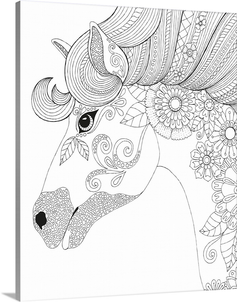 Black and white line art of a uniquely designed unicorn with floral print.