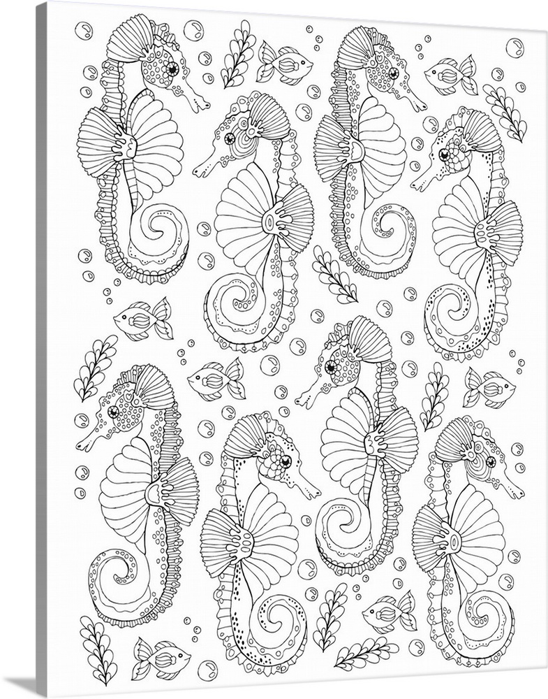 Black and white line art with a pattern of seahorses, bubbles, fish, and algae.