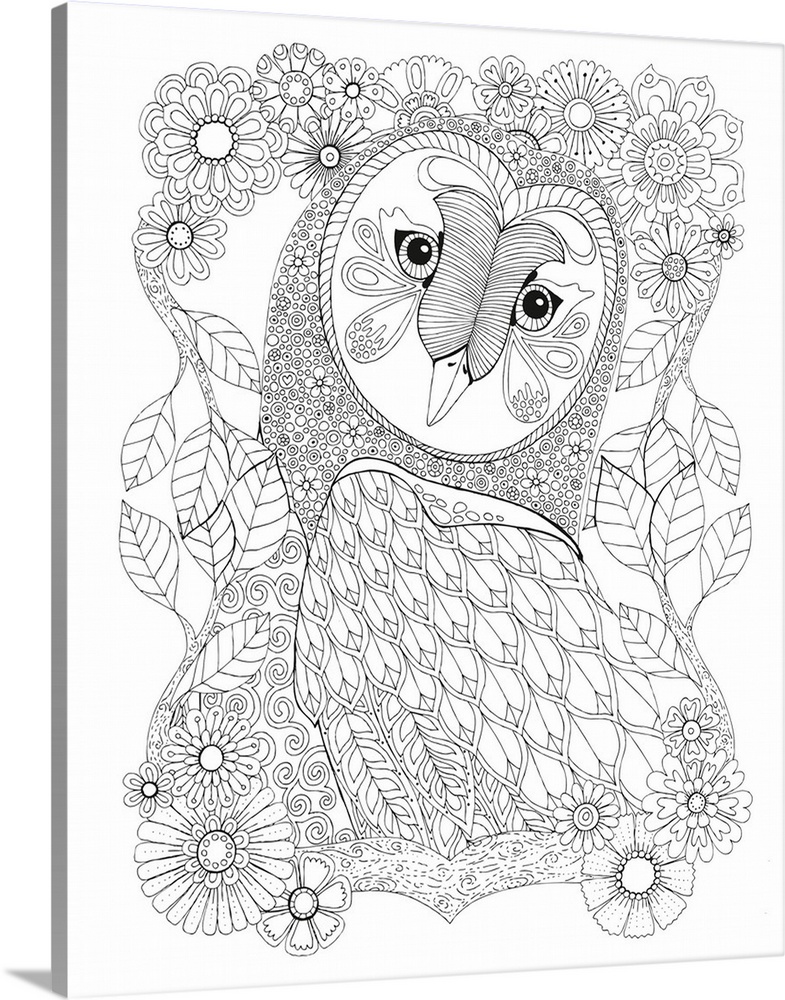 Black and white line art of an intricately designed owl surrounded by flowers and leaves.