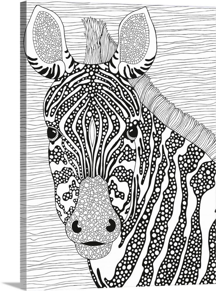 Black and white line art of a zebra with circular patterned stripes.