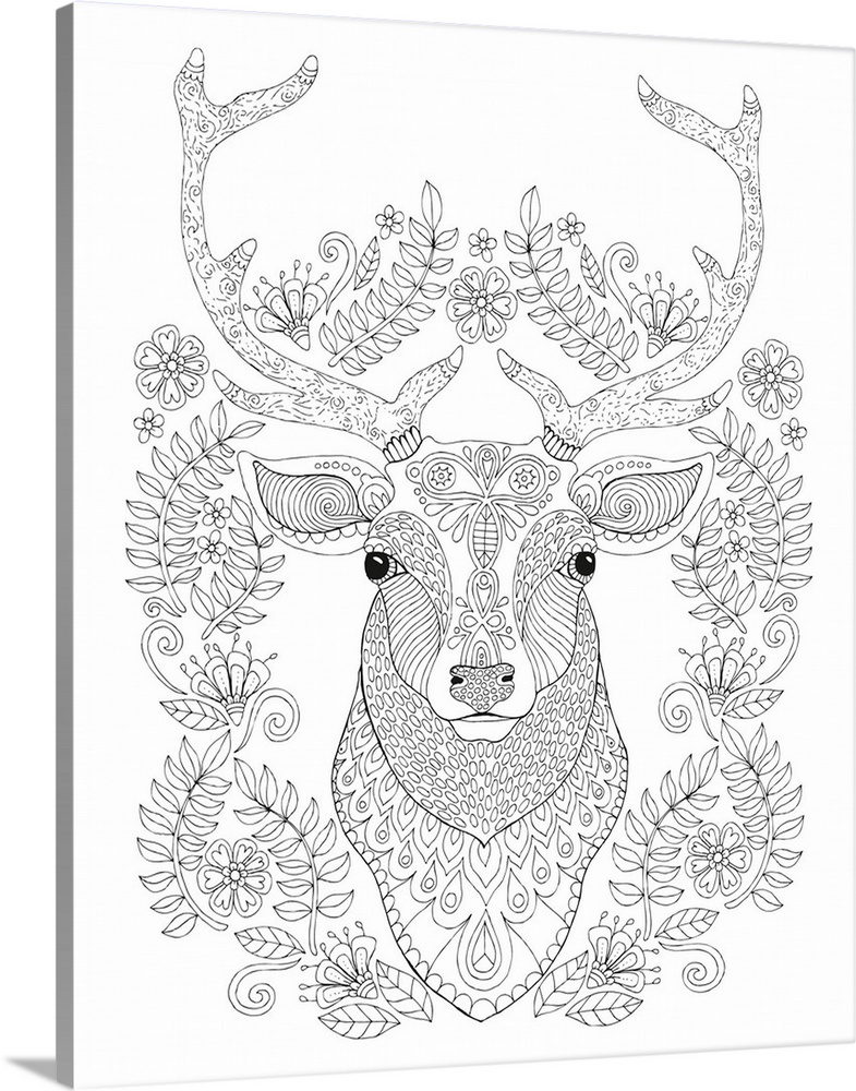 Black and white line art of a buck surrounded by flowers and leaves.