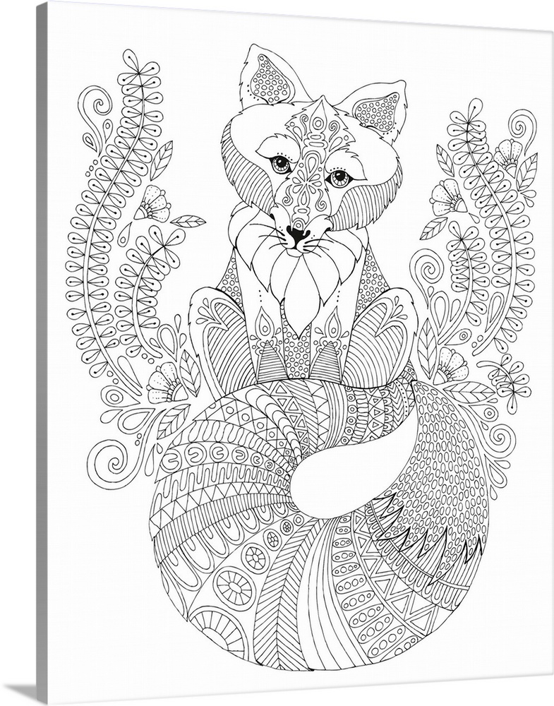 Black and white line art of an intricately designed fox with a big, fluffy tail sitting amongst plants and flowers.