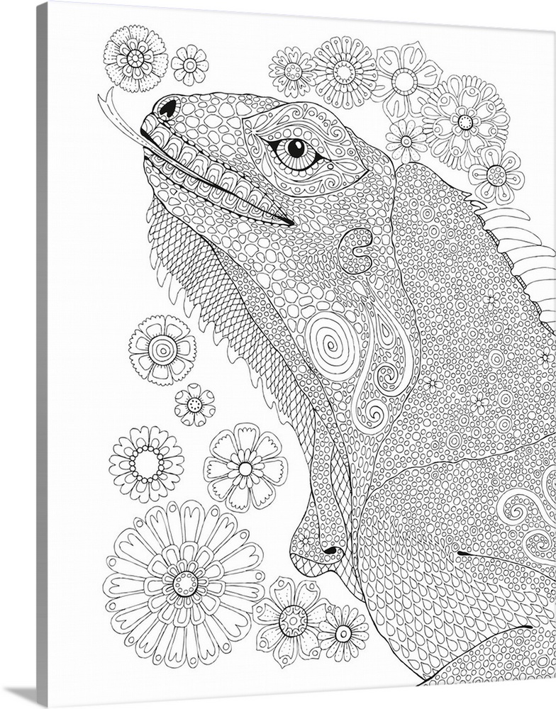 Black and white line art of an iguana made up of tiny details and patterns surrounded by flowers.