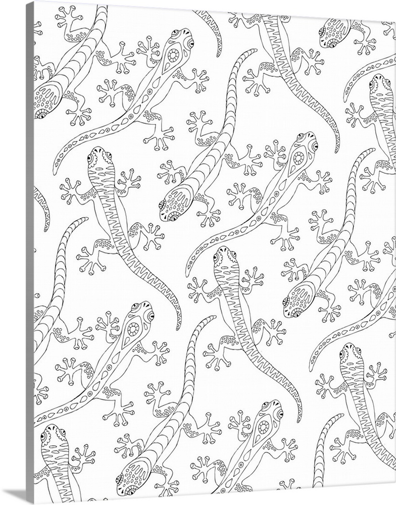 Black and white line art of a pattern of salamanders with unique designs.