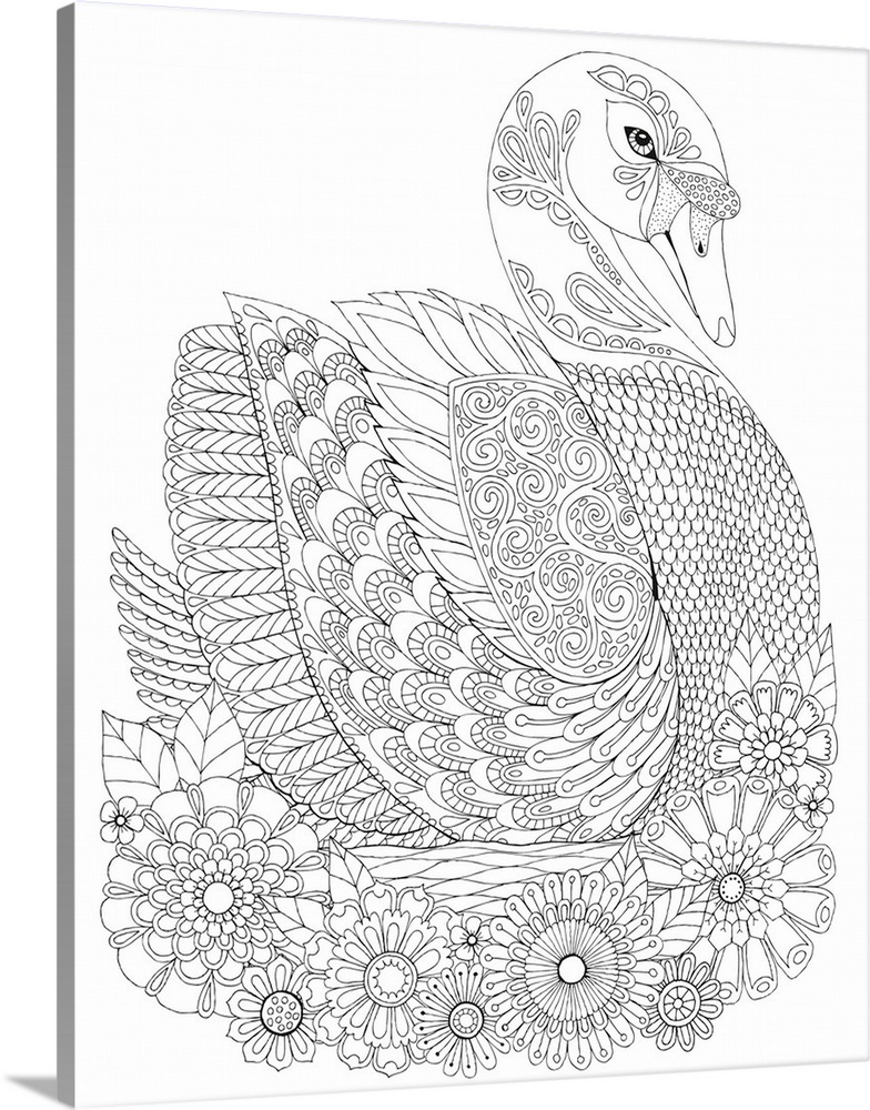 Black and white line art of an intricately detailed swan with flowers underneath.