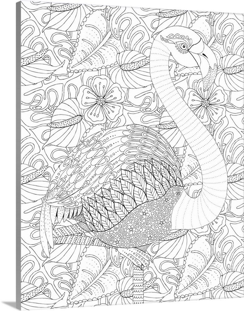 Black and white line art of an intricately detailed flamingo with a tropical floral background.