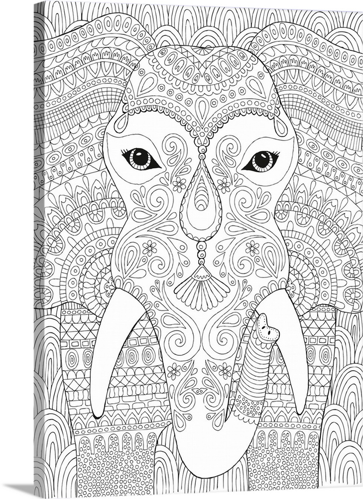 Black and white line art of an intricately designed elephant.