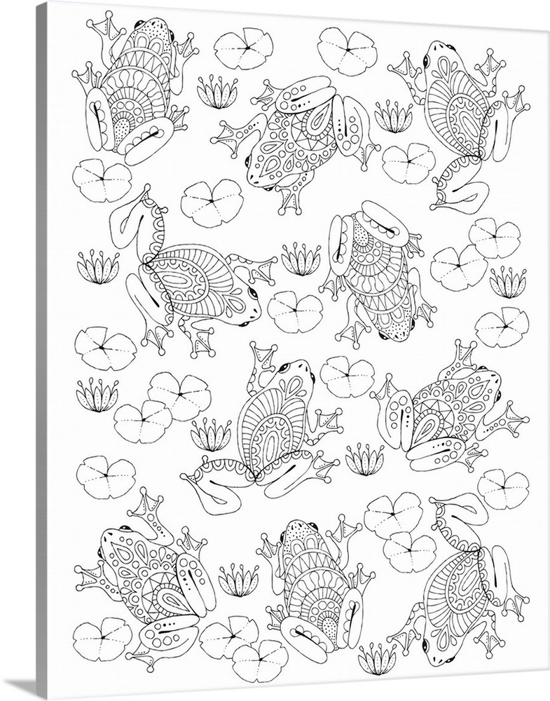 Black and white line art pattern of uniquely designed frogs, Lilly pads, and lilies.