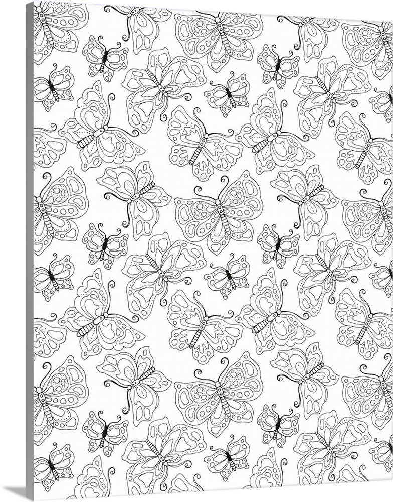 Black and white line art with a pattern of differently designed butterflies.