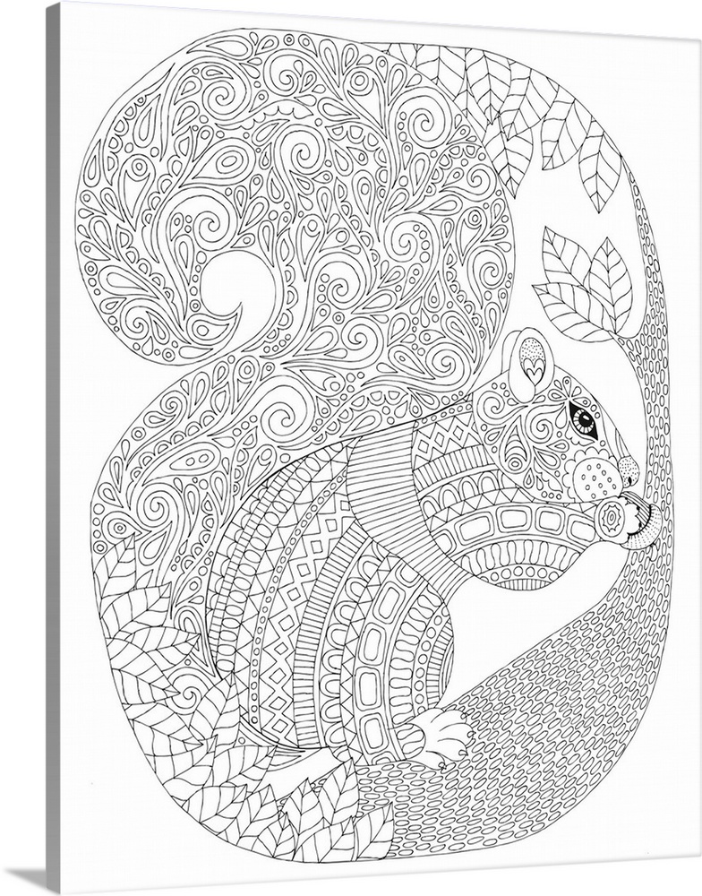 Black and white line art of an intricately designed squirrel on a branch eating an acorn.