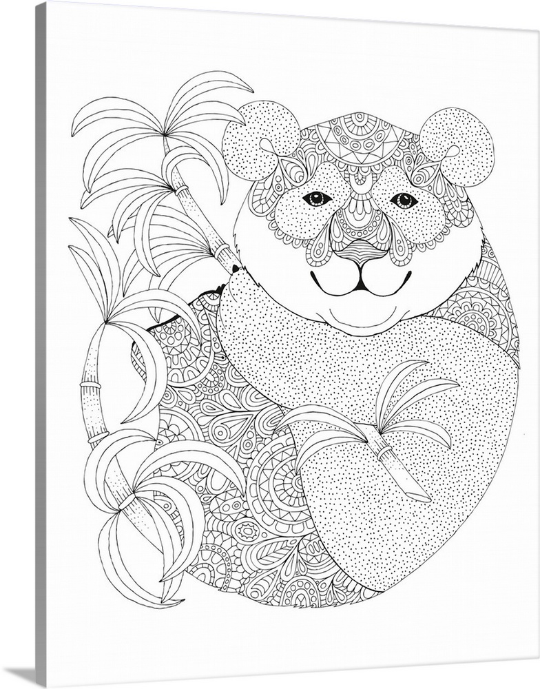 Black and white line art of a uniquely  designed koala bear with bamboo.