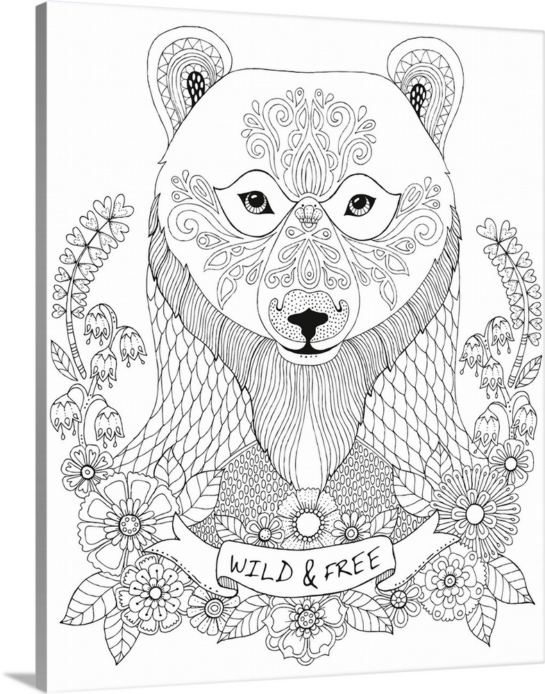 Black and white line art of a uniquely designed bear surrounded by wildflowers and a ribbon with the phrase "Wild and Free...