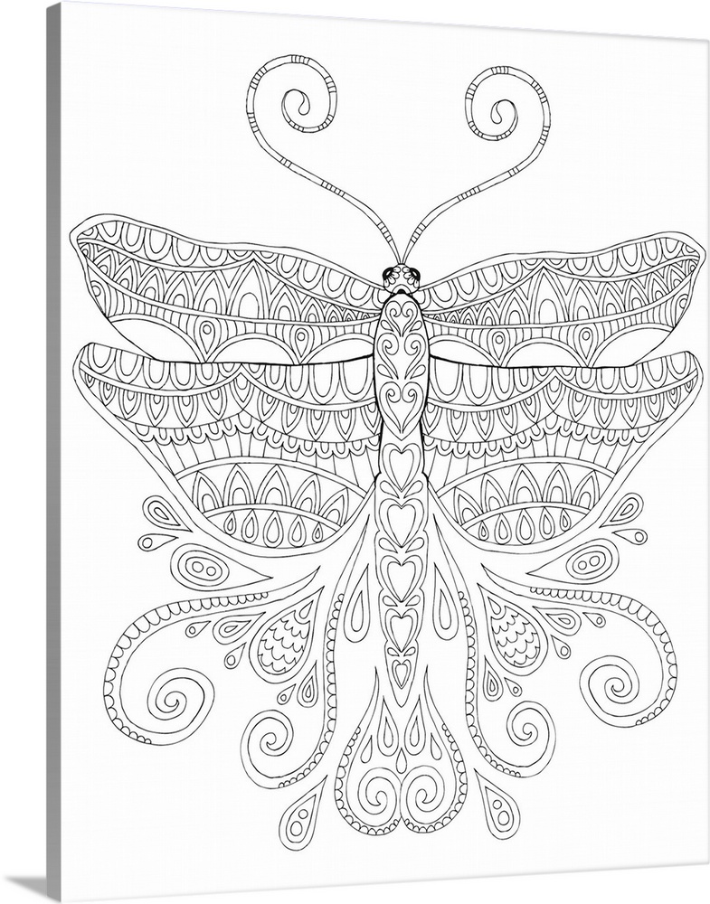 Black and white line art of an intricately designed butterfly.