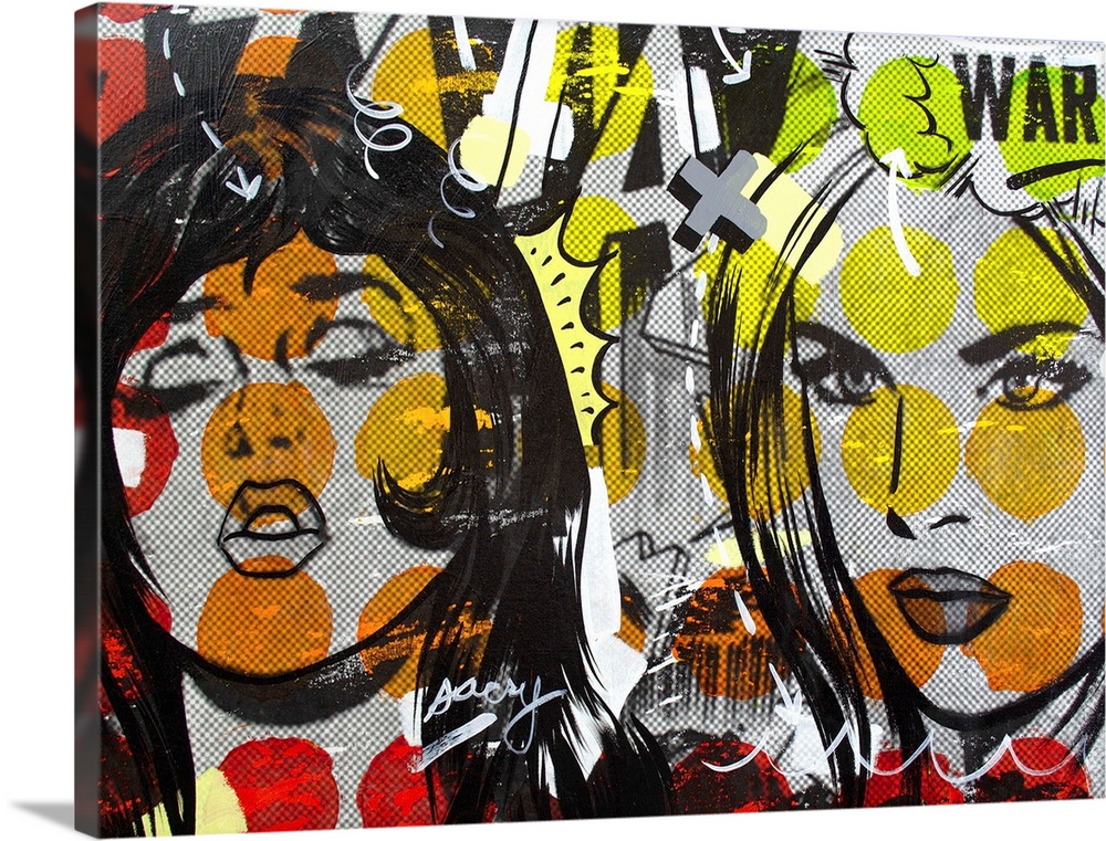 Pop art composed of comic illustrations and bold text, reminiscent of Lichtenstein, of two women in a rivalry.