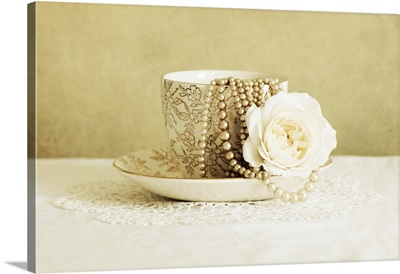 Antique Cup and Saucer with White Flower and Pearls