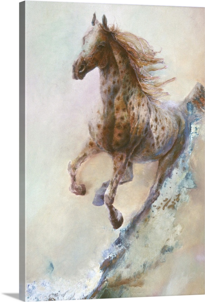 A contemporary painting of a spotted horse running in full gallop.