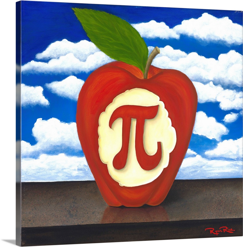 Square pun painting of an apple with the pi symbol carved into it (apple pi - apple pie)