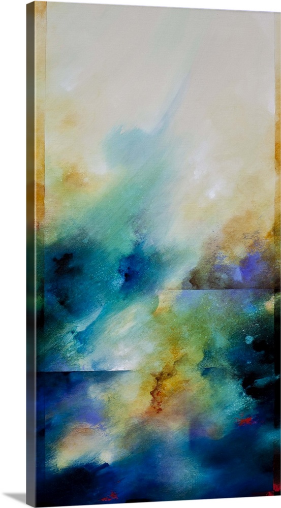 Vertical contemporary abstract painting in tan and turquoise.