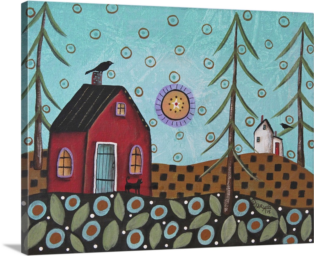 A contemporary folk art style painting of a rolling countryside landscape.