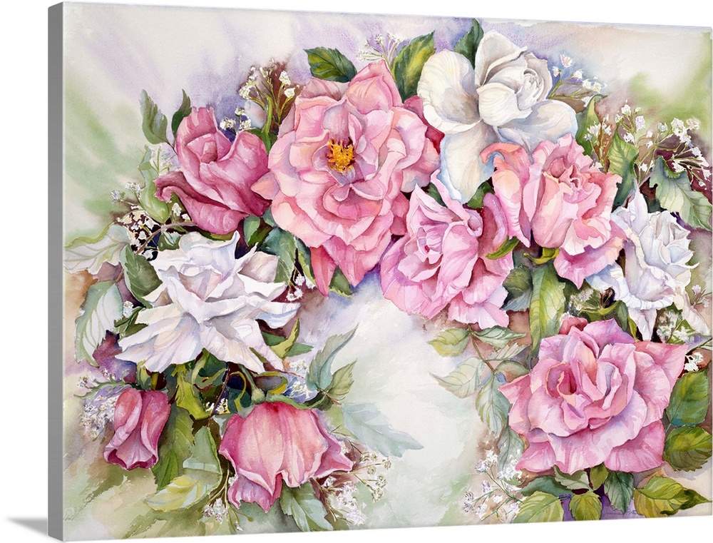 Colorful contemporary painting of white and pink roses.