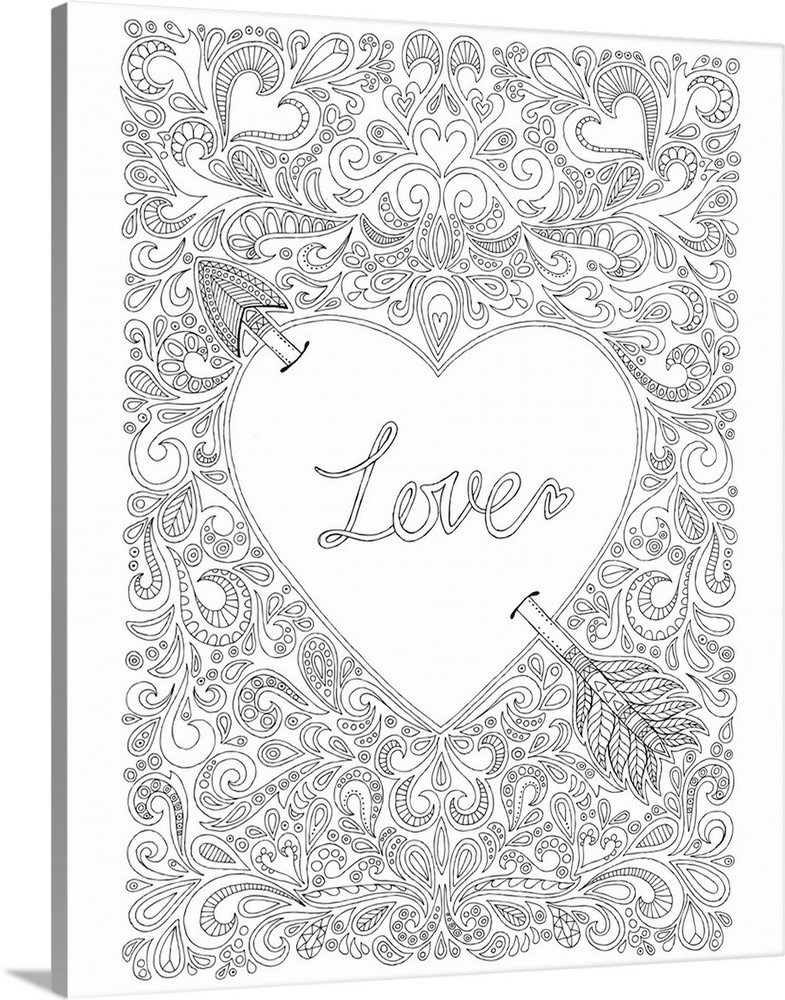 Black and white line art with a solid white heart with an arrow going through it and the word "Love" written in the center...