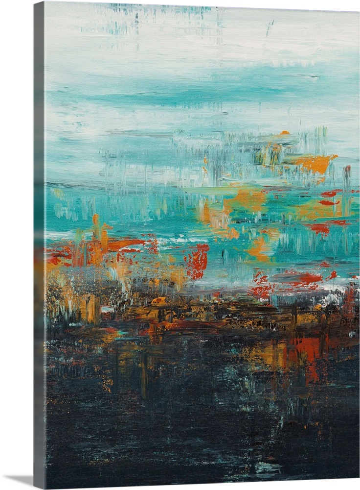 A contemporary abstract painting using turquoise and black with a distressed look.