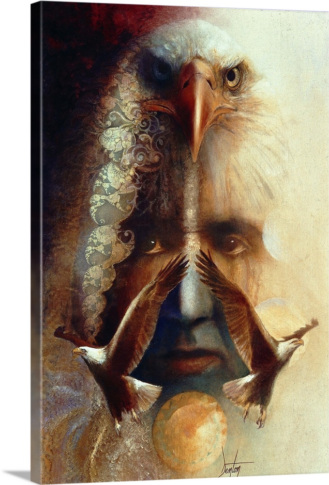 Contemporary painting of a mans face seen through the feathers of an eagle's portrait and the dark vignetting around the s...