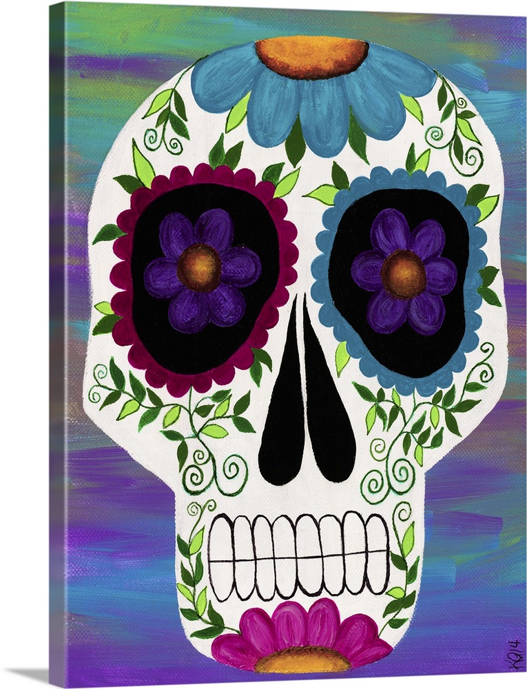 Painting of a decorative sugar skull, celebrating the Day of the Dead.
