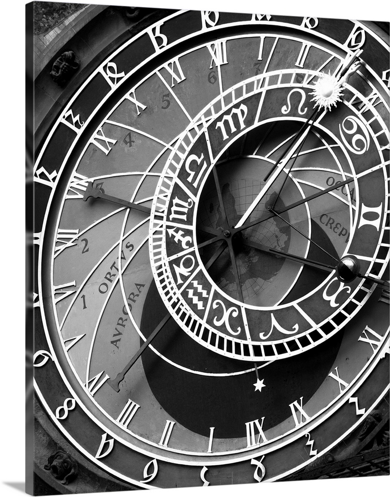 zodiac, clock, architectural, black and white photograph
