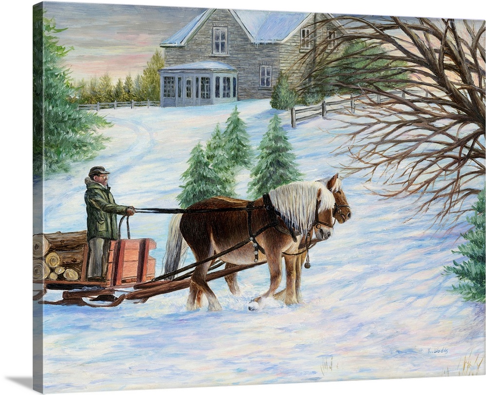 Contemporary artwork of a man on a sled being pulled by two horses.