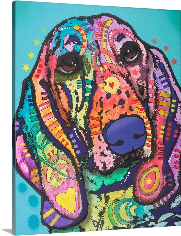 Colorful artwork of a hound dog with graffiti-like designs on a light blue background.