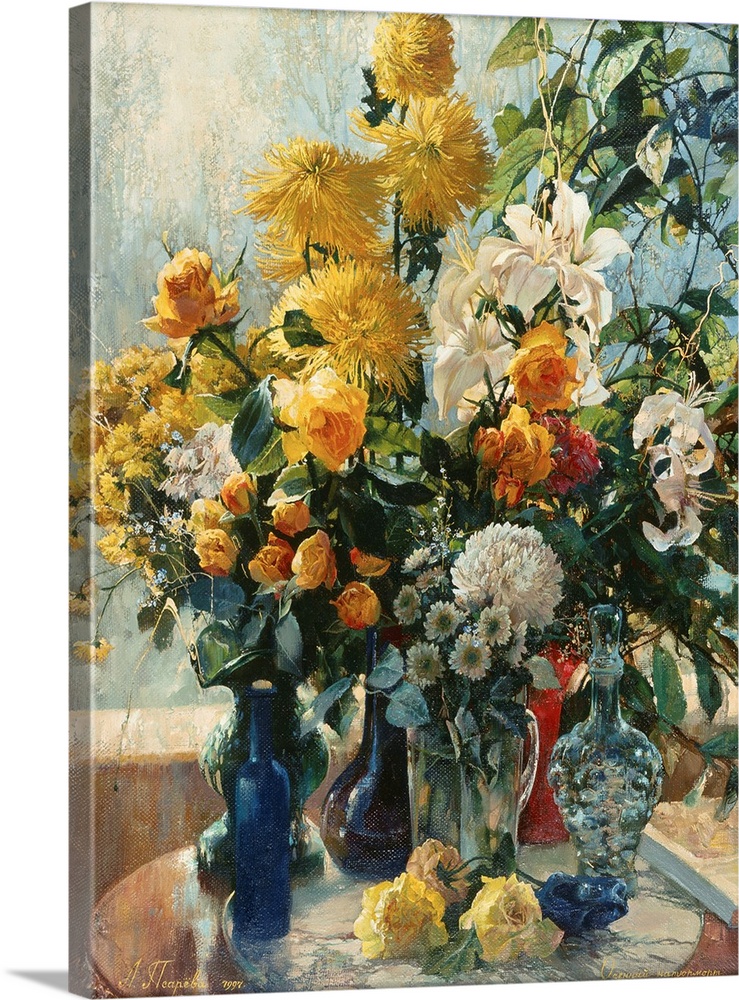 Colorful contemporary still-life painting of a multi-colored flowers in vases.