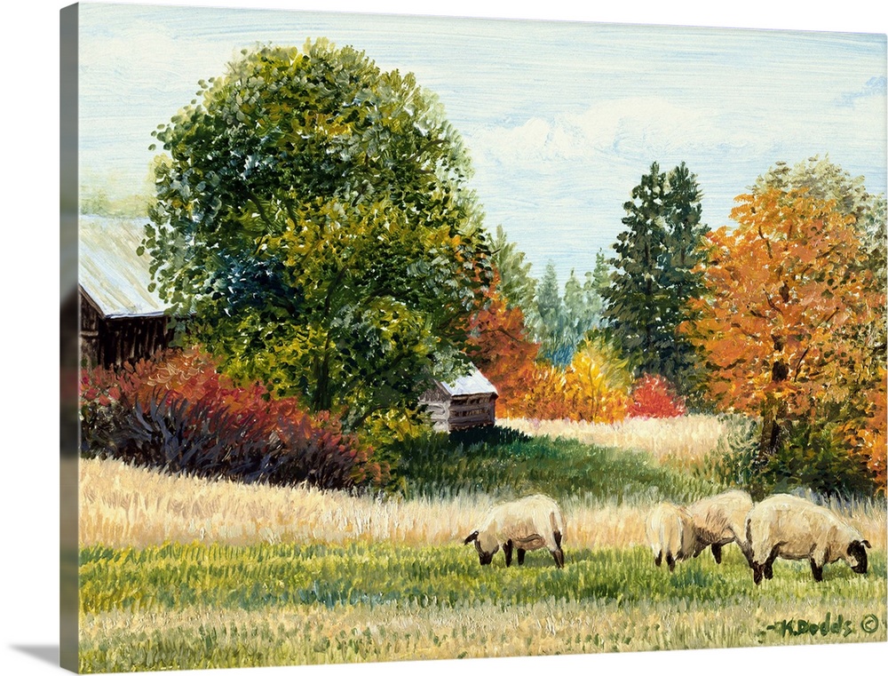 Contemporary artwork of sheep in a field in the fall near a barn.