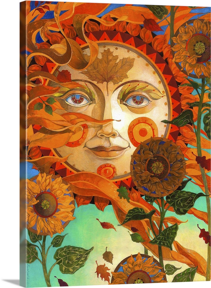 Contemporary artwork of a sun with a face gazing calmly with flowers in the foreground.