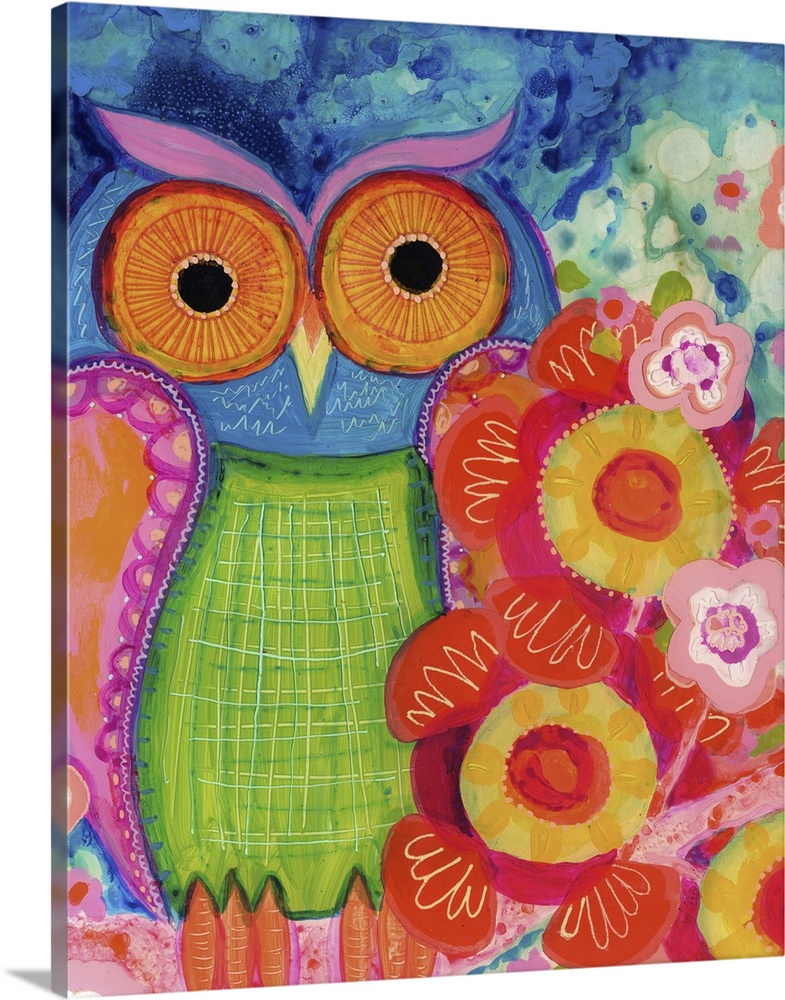 An owl with large orange eyes sitting next to red flowers.