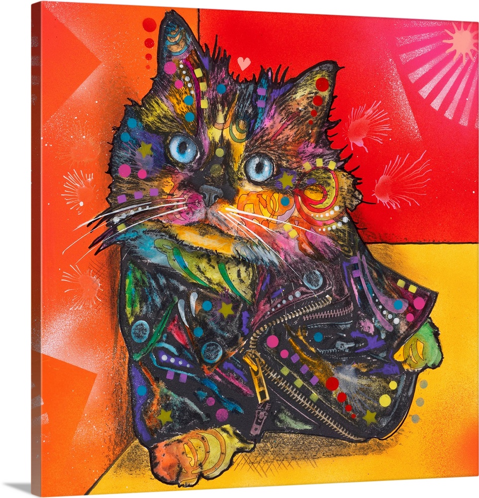 Colorful square illustration of a cat covered in graffiti-like designs and wearing a leather jacket with zippers on an ora...