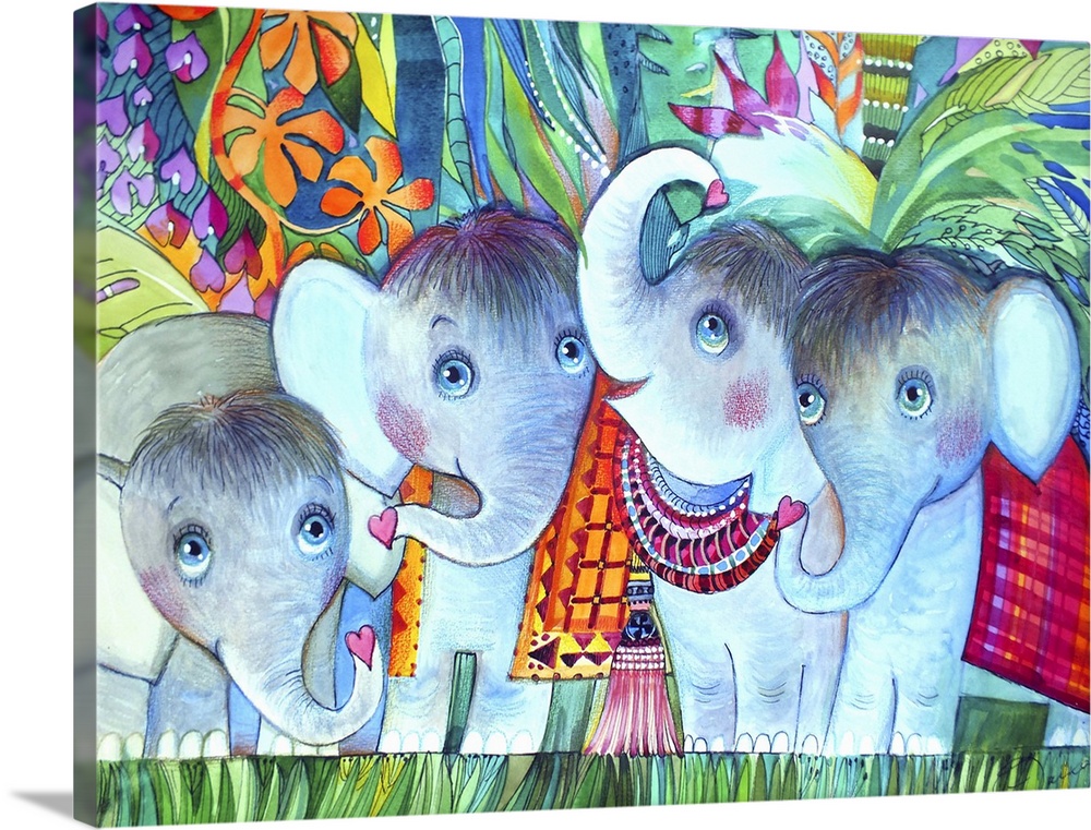 Watercolor painting of four young elephants in the jungle.