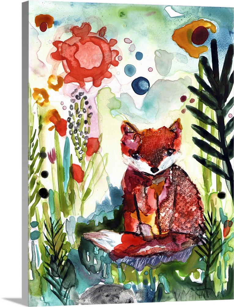 A watercolor painting of a fox among tall plants with the sun above.