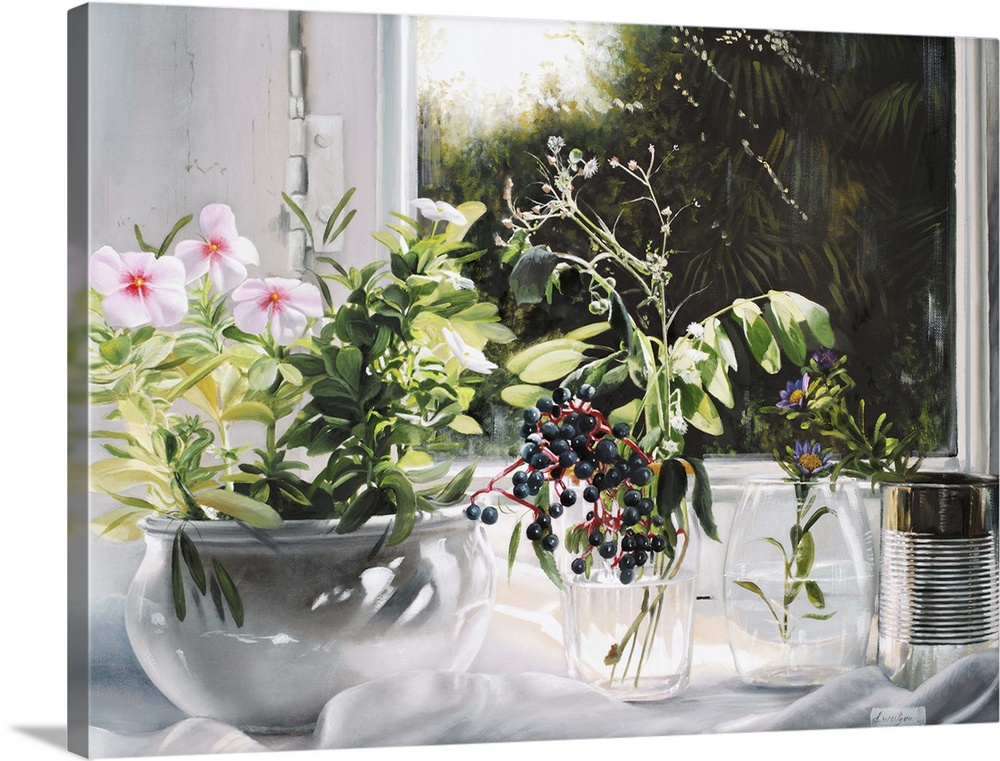Contemporary still life painting of a round bowl filled with flowers.