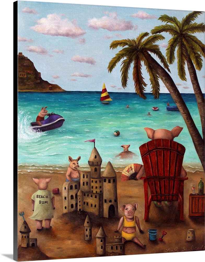 Surrealist painting of a family of pigs on a beach enjoying the sun.
