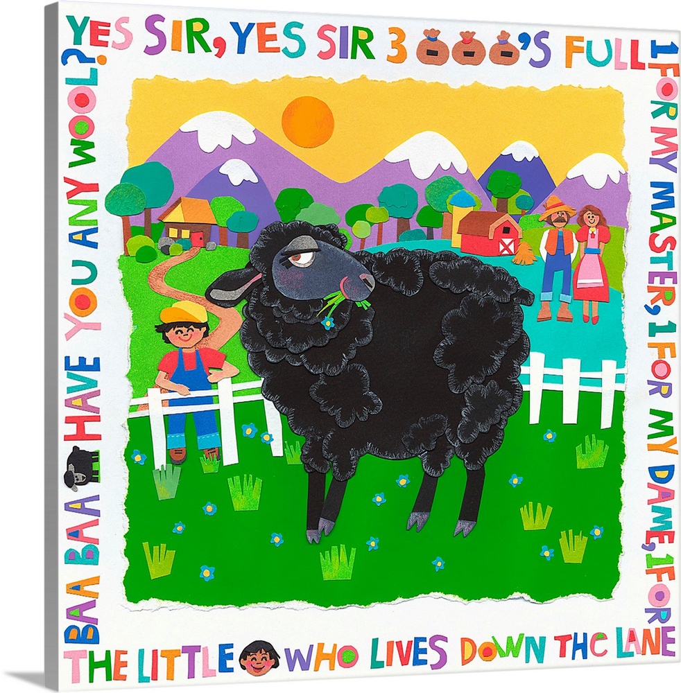 A black sheep grazing on a farm with a nursery rhyme around the border.
