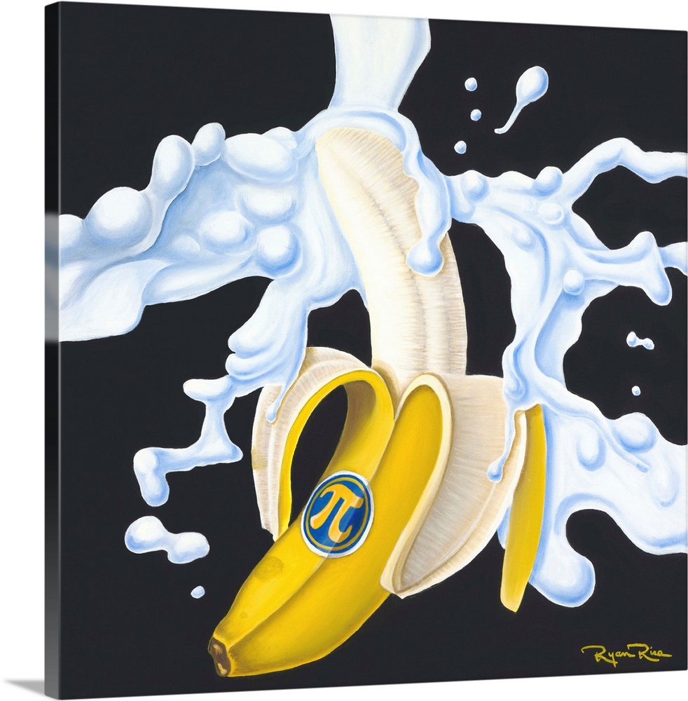 Square pun painting of a banana being splashed with cream and a sticker that has the pi symbol on it (banana cream pi - ba...