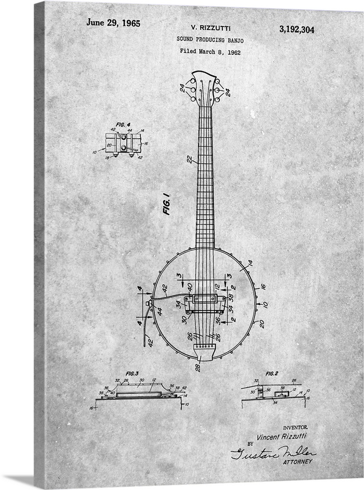 Blueprint diagram showing the parts that make up a banjo.