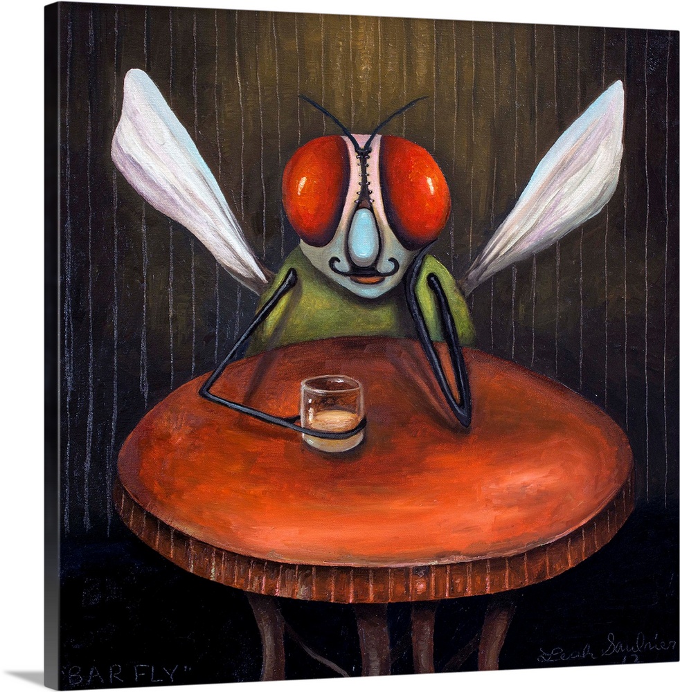 Surrealist painting of a barfly with bright red eyes.