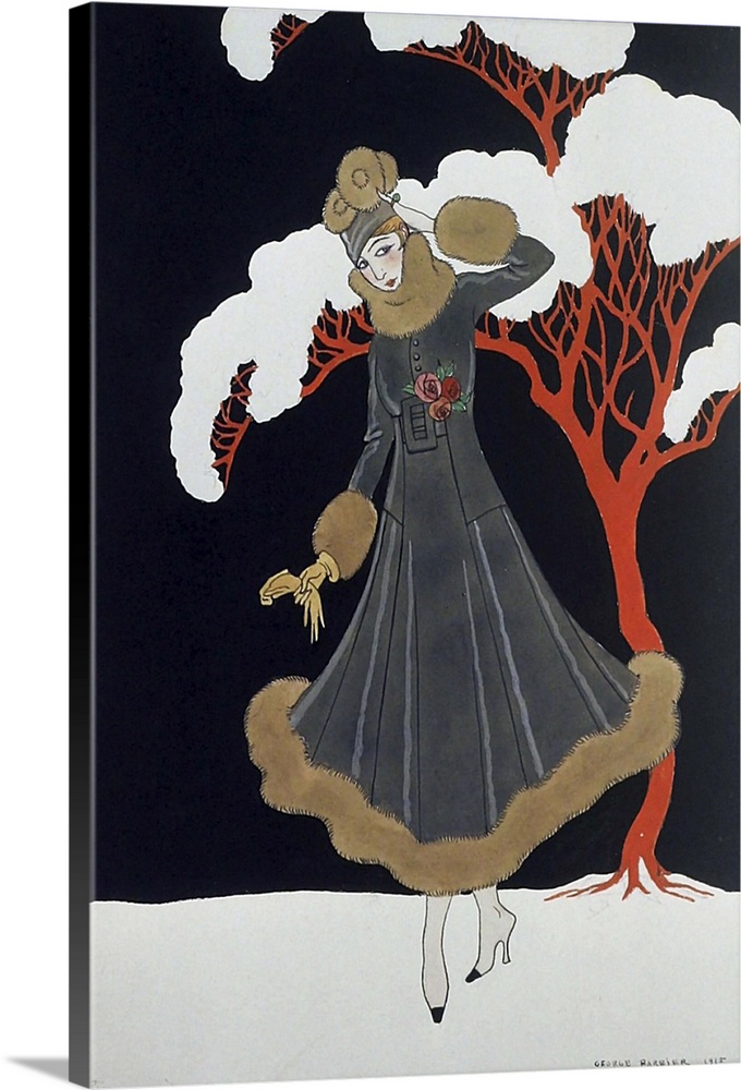 Artwork of a vintage fashion illustration of a woman displaying a dress in a winter scene.