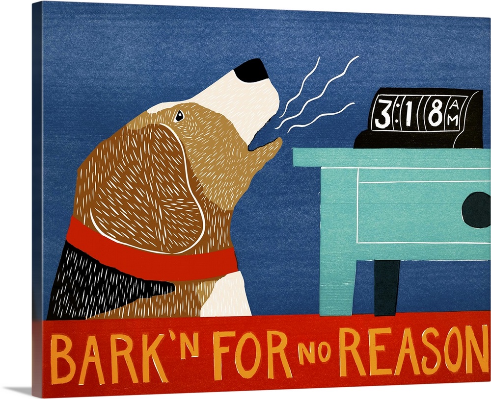 Illustration of a beagle "Bark'n For No Reason" at 3:18am.